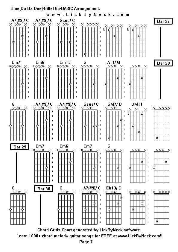 Chord Grids Chart of chord melody fingerstyle guitar song-Blue(Da Ba Dee)-Eiffel 65-BASIC Arrangement,generated by LickByNeck software.